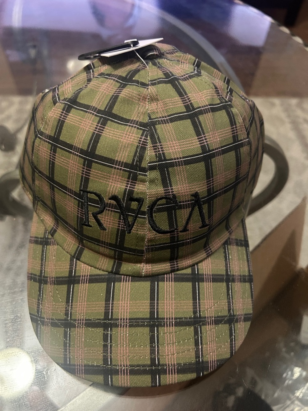 RVCA Olive & Pink Plaid Baseball Cap with Embroidered Tag